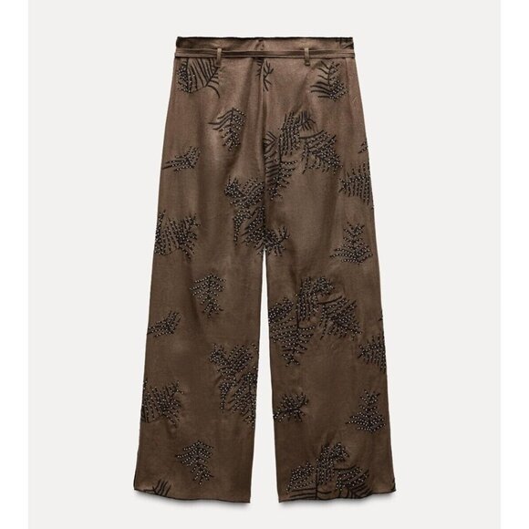 Zara Hemp Brown Wide Led Embroidered Beaded Pants XL